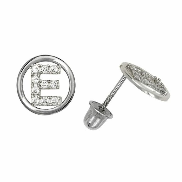 14K Solid White Gold 8mm Letter Initial Halo CZ Stud Alphabet Earrings - Picture 5 of 16